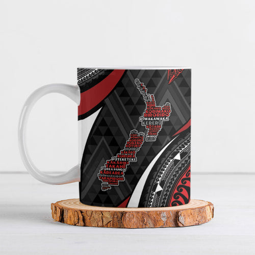 Aotearoa New Zealand Native Birds Map Ceramic Mug Silver Fern Tribal Pattern