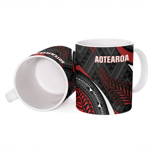 Aotearoa New Zealand Native Birds Map Ceramic Mug Silver Fern Tribal Pattern