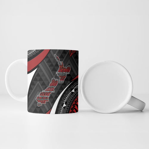 Aotearoa New Zealand Native Birds Map Ceramic Mug Silver Fern Tribal Pattern