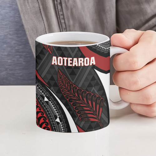 Aotearoa New Zealand Native Birds Map Ceramic Mug Silver Fern Tribal Pattern