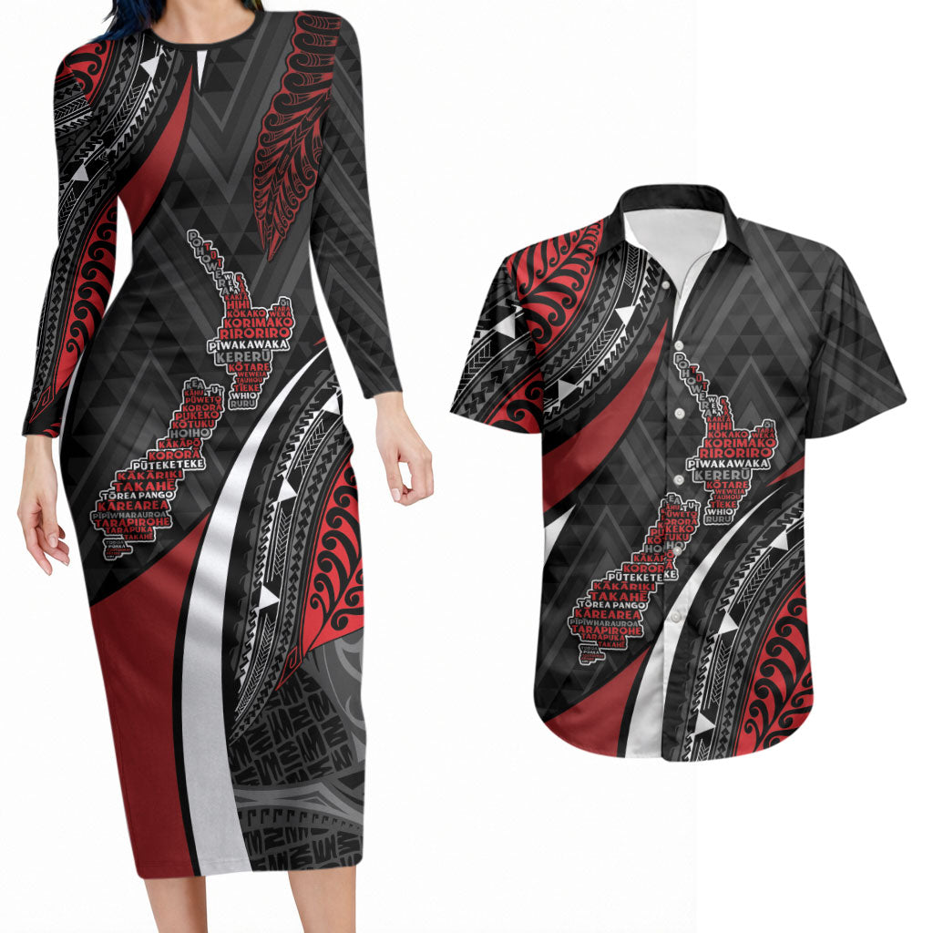 Aotearoa New Zealand Native Birds Map Couples Matching Long Sleeve Bodycon Dress and Hawaiian Shirt Silver Fern Tribal Pattern