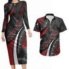 Aotearoa New Zealand Native Birds Map Couples Matching Long Sleeve Bodycon Dress and Hawaiian Shirt Silver Fern Tribal Pattern
