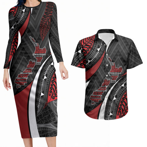 Aotearoa New Zealand Native Birds Map Couples Matching Long Sleeve Bodycon Dress and Hawaiian Shirt Silver Fern Tribal Pattern