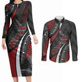 Aotearoa New Zealand Native Birds Map Couples Matching Long Sleeve Bodycon Dress and Long Sleeve Button Shirt Silver Fern Tribal Pattern