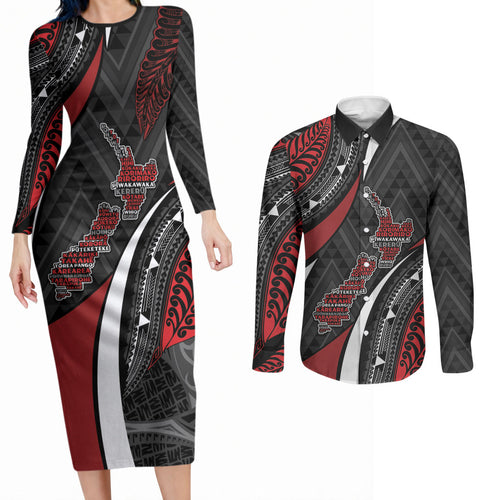 Aotearoa New Zealand Native Birds Map Couples Matching Long Sleeve Bodycon Dress and Long Sleeve Button Shirt Silver Fern Tribal Pattern