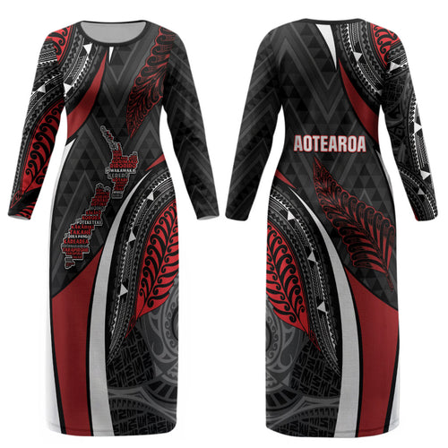 Aotearoa New Zealand Native Birds Map Couples Matching Long Sleeve Bodycon Dress and Long Sleeve Button Shirt Silver Fern Tribal Pattern