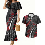 Aotearoa New Zealand Native Birds Map Couples Matching Mermaid Dress and Hawaiian Shirt Silver Fern Tribal Pattern