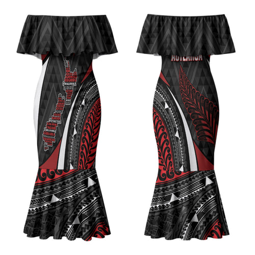 Aotearoa New Zealand Native Birds Map Couples Matching Mermaid Dress and Long Sleeve Button Shirt Silver Fern Tribal Pattern