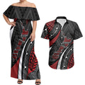 Aotearoa New Zealand Native Birds Map Couples Matching Off Shoulder Maxi Dress and Hawaiian Shirt Silver Fern Tribal Pattern