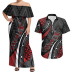 Aotearoa New Zealand Native Birds Map Couples Matching Off Shoulder Maxi Dress and Hawaiian Shirt Silver Fern Tribal Pattern