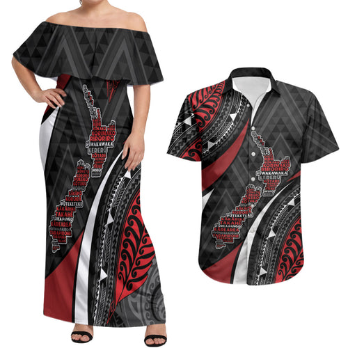 Aotearoa New Zealand Native Birds Map Couples Matching Off Shoulder Maxi Dress and Hawaiian Shirt Silver Fern Tribal Pattern
