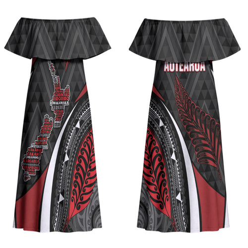 Aotearoa New Zealand Native Birds Map Couples Matching Off Shoulder Maxi Dress and Hawaiian Shirt Silver Fern Tribal Pattern