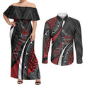 Aotearoa New Zealand Native Birds Map Couples Matching Off Shoulder Maxi Dress and Long Sleeve Button Shirt Silver Fern Tribal Pattern