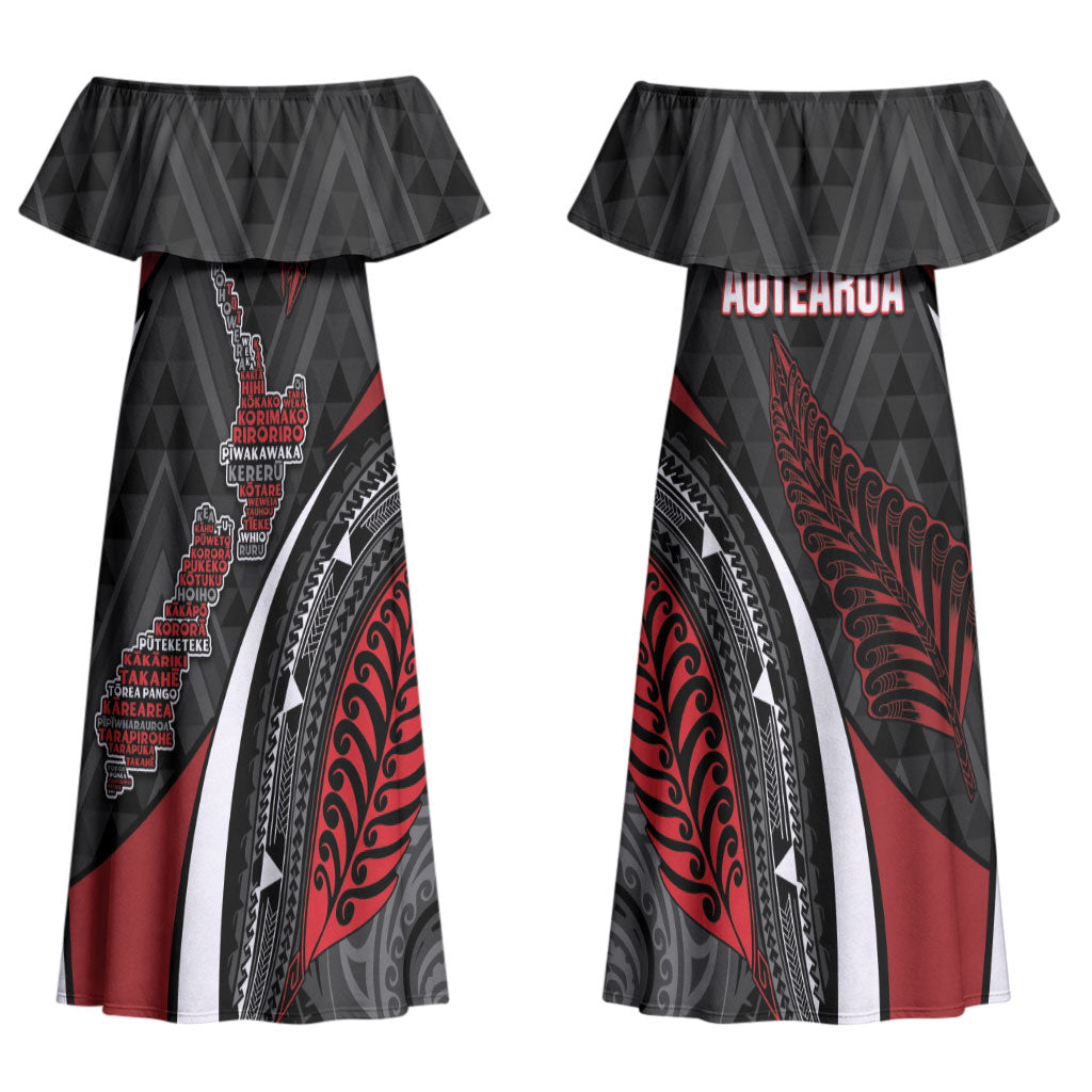 Aotearoa New Zealand Native Birds Map Couples Matching Off Shoulder Maxi Dress and Long Sleeve Button Shirt Silver Fern Tribal Pattern