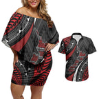 Aotearoa New Zealand Native Birds Map Couples Matching Off Shoulder Short Dress and Hawaiian Shirt Silver Fern Tribal Pattern
