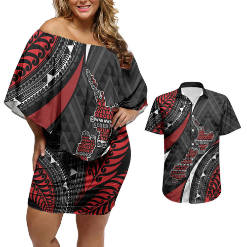 Aotearoa New Zealand Native Birds Map Couples Matching Off Shoulder Short Dress and Hawaiian Shirt Silver Fern Tribal Pattern