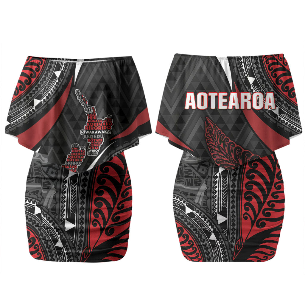 Aotearoa New Zealand Native Birds Map Couples Matching Off Shoulder Short Dress and Hawaiian Shirt Silver Fern Tribal Pattern