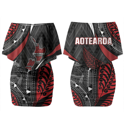 Aotearoa New Zealand Native Birds Map Couples Matching Off Shoulder Short Dress and Hawaiian Shirt Silver Fern Tribal Pattern