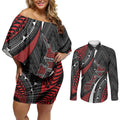 Aotearoa New Zealand Native Birds Map Couples Matching Off Shoulder Short Dress and Long Sleeve Button Shirt Silver Fern Tribal Pattern