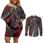 Aotearoa New Zealand Native Birds Map Couples Matching Off Shoulder Short Dress and Long Sleeve Button Shirt Silver Fern Tribal Pattern