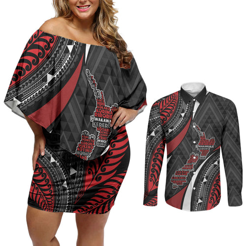 Aotearoa New Zealand Native Birds Map Couples Matching Off Shoulder Short Dress and Long Sleeve Button Shirt Silver Fern Tribal Pattern