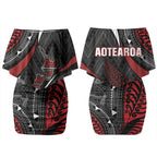 Aotearoa New Zealand Native Birds Map Couples Matching Off Shoulder Short Dress and Long Sleeve Button Shirt Silver Fern Tribal Pattern