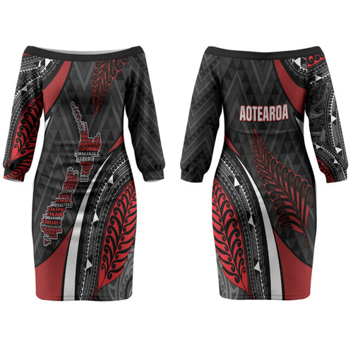 Aotearoa New Zealand Native Birds Map Couples Matching Off The Shoulder Long Sleeve Dress and Hawaiian Shirt Silver Fern Tribal Pattern