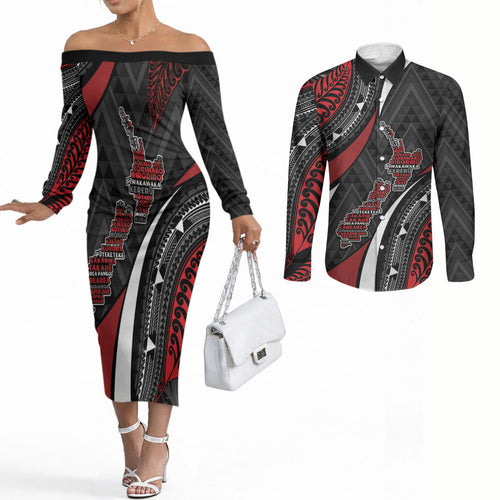 Aotearoa New Zealand Native Birds Map Couples Matching Off The Shoulder Long Sleeve Dress and Long Sleeve Button Shirt Silver Fern Tribal Pattern