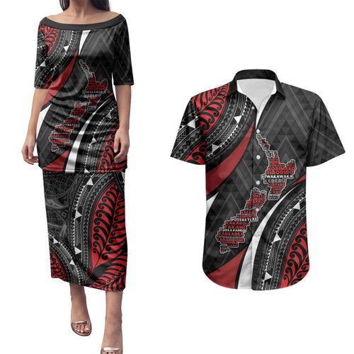 Aotearoa New Zealand Native Birds Map Couples Matching Puletasi and Hawaiian Shirt Silver Fern Tribal Pattern