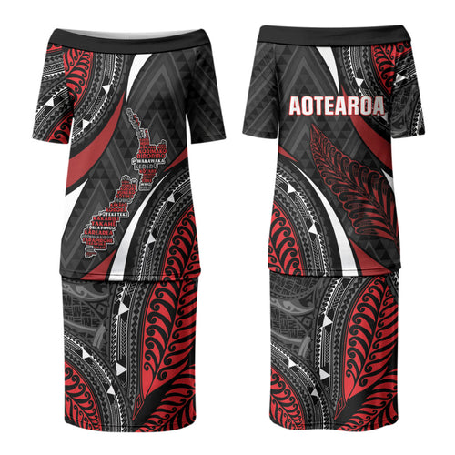 Aotearoa New Zealand Native Birds Map Couples Matching Puletasi and Long Sleeve Button Shirt Silver Fern Tribal Pattern