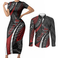Aotearoa New Zealand Native Birds Map Couples Matching Short Sleeve Bodycon Dress and Long Sleeve Button Shirt Silver Fern Tribal Pattern