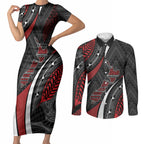 Aotearoa New Zealand Native Birds Map Couples Matching Short Sleeve Bodycon Dress and Long Sleeve Button Shirt Silver Fern Tribal Pattern