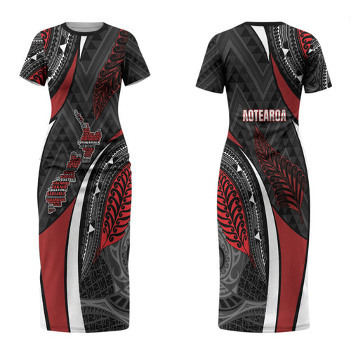 Aotearoa New Zealand Native Birds Map Couples Matching Short Sleeve Bodycon Dress and Long Sleeve Button Shirt Silver Fern Tribal Pattern