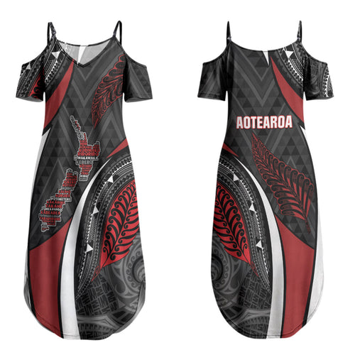 Aotearoa New Zealand Native Birds Map Couples Matching Summer Maxi Dress and Long Sleeve Button Shirt Silver Fern Tribal Pattern