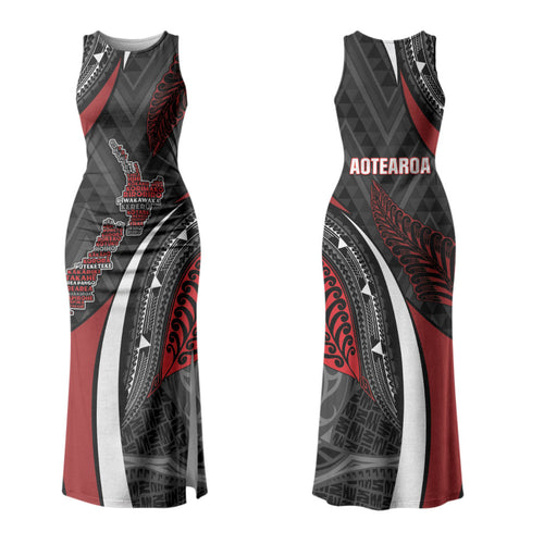 Aotearoa New Zealand Native Birds Map Couples Matching Tank Maxi Dress and Hawaiian Shirt Silver Fern Tribal Pattern