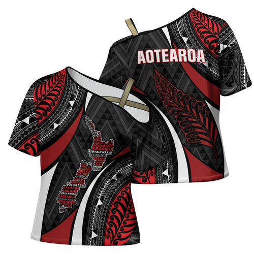 Aotearoa New Zealand Native Birds Map Cross Shoulder Shirt Silver Fern Tribal Pattern