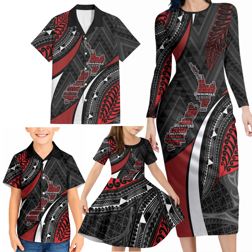 Aotearoa New Zealand Native Birds Map Family Matching Long Sleeve Bodycon Dress and Hawaiian Shirt Silver Fern Tribal Pattern