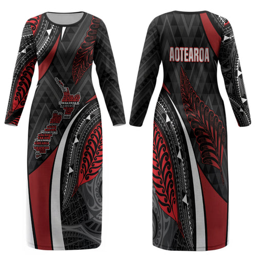 Aotearoa New Zealand Native Birds Map Family Matching Long Sleeve Bodycon Dress and Hawaiian Shirt Silver Fern Tribal Pattern