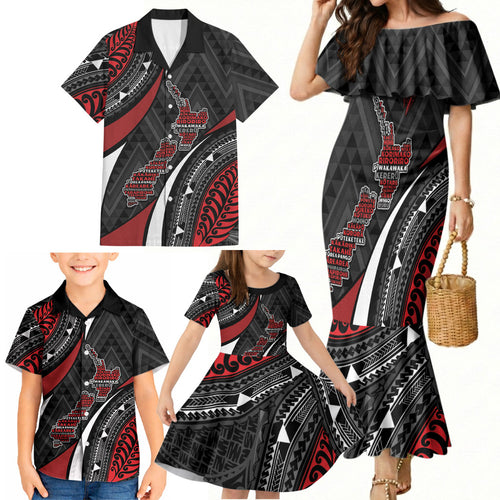 Aotearoa New Zealand Native Birds Map Family Matching Mermaid Dress and Hawaiian Shirt Silver Fern Tribal Pattern