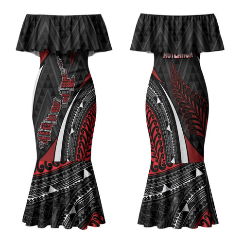 Aotearoa New Zealand Native Birds Map Family Matching Mermaid Dress and Hawaiian Shirt Silver Fern Tribal Pattern
