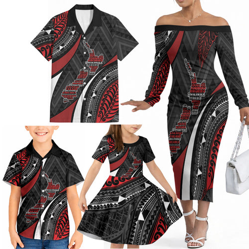 Aotearoa New Zealand Native Birds Map Family Matching Off The Shoulder Long Sleeve Dress and Hawaiian Shirt Silver Fern Tribal Pattern