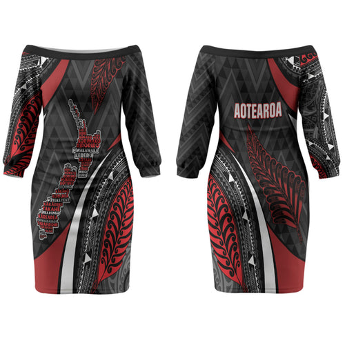 Aotearoa New Zealand Native Birds Map Family Matching Off The Shoulder Long Sleeve Dress and Hawaiian Shirt Silver Fern Tribal Pattern