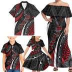 Aotearoa New Zealand Native Birds Map Family Matching Off Shoulder Maxi Dress and Hawaiian Shirt Silver Fern Tribal Pattern