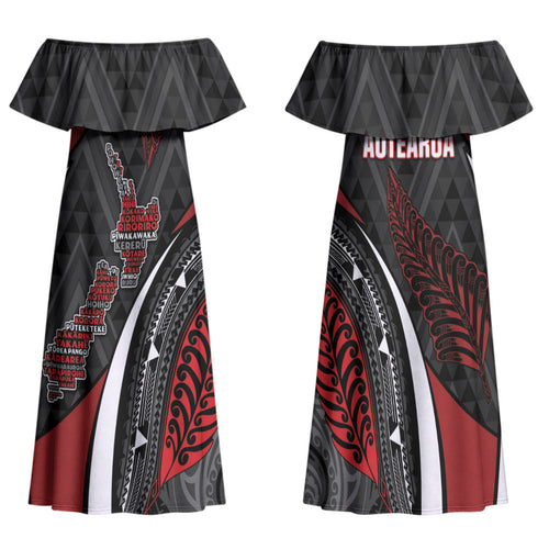 Aotearoa New Zealand Native Birds Map Family Matching Off Shoulder Maxi Dress and Hawaiian Shirt Silver Fern Tribal Pattern