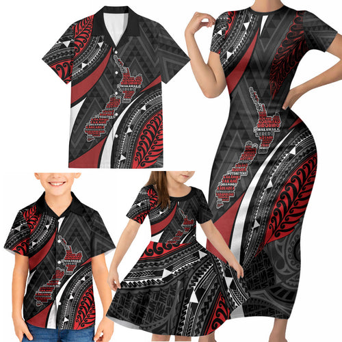 Aotearoa New Zealand Native Birds Map Family Matching Short Sleeve Bodycon Dress and Hawaiian Shirt Silver Fern Tribal Pattern