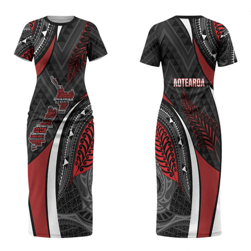 Aotearoa New Zealand Native Birds Map Family Matching Short Sleeve Bodycon Dress and Hawaiian Shirt Silver Fern Tribal Pattern