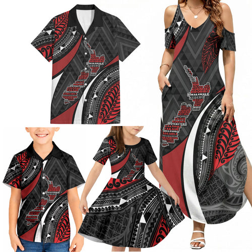 Aotearoa New Zealand Native Birds Map Family Matching Summer Maxi Dress and Hawaiian Shirt Silver Fern Tribal Pattern