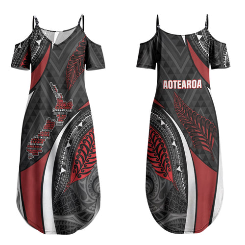 Aotearoa New Zealand Native Birds Map Family Matching Summer Maxi Dress and Hawaiian Shirt Silver Fern Tribal Pattern