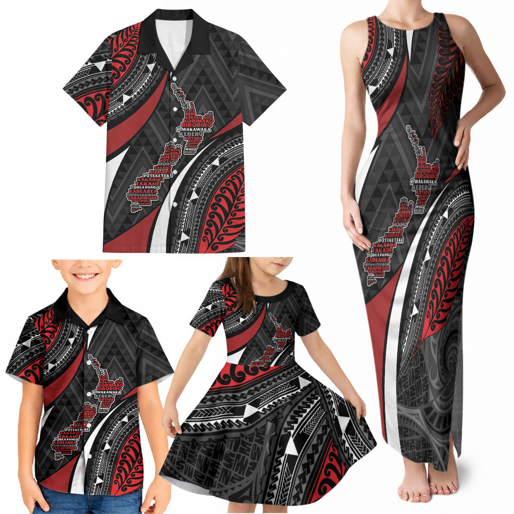 Aotearoa New Zealand Native Birds Map Family Matching Tank Maxi Dress and Hawaiian Shirt Silver Fern Tribal Pattern