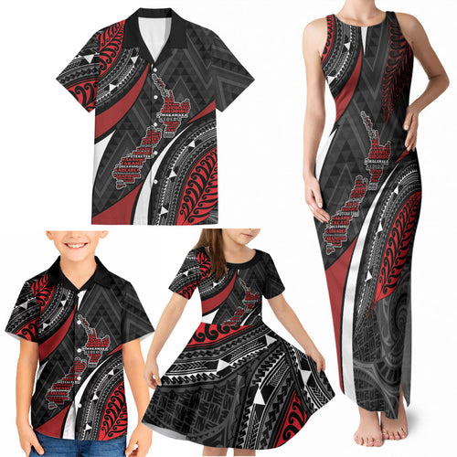 Aotearoa New Zealand Native Birds Map Family Matching Tank Maxi Dress and Hawaiian Shirt Silver Fern Tribal Pattern